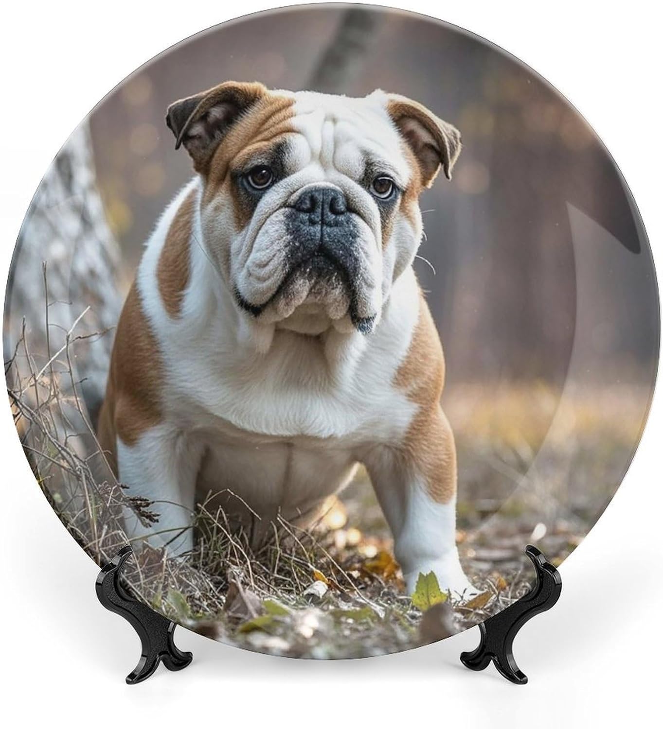 English Bulldogs Bone China Decorative Plate with Display Stand, Ceramic Ornaments Plate for Wall Hanging, Personalized Porcelain Plates for Office, Living Room 8inch