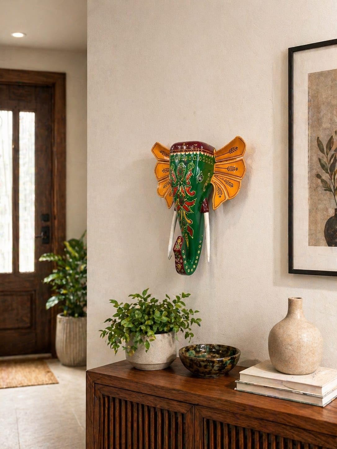 JGARTS Wooden Elephant Head Statue, Wall Hanging Animal Face, Handicraft Mask, Figurine, Home Decor, Boho Indian Art (green)