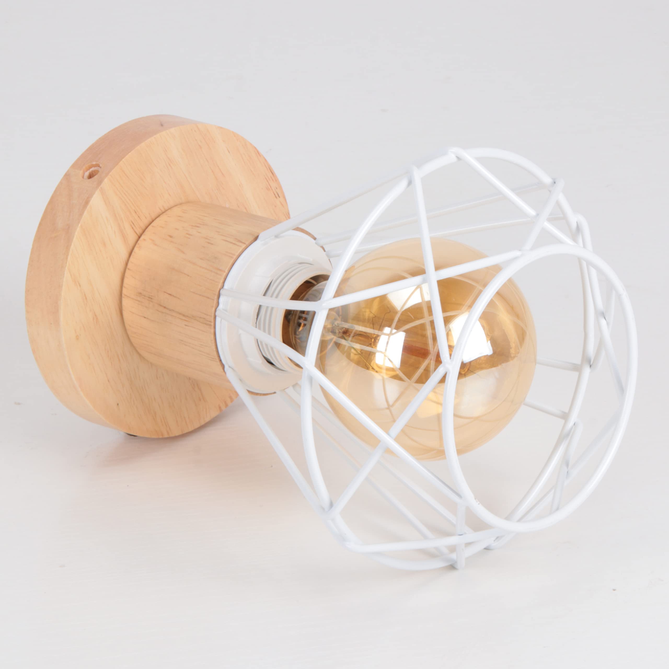 IDEGU - Plafonnier Industriel Vintage 16cm | Abat-jour Cage Fer Et Bois - E27 Max 60W - Blanc