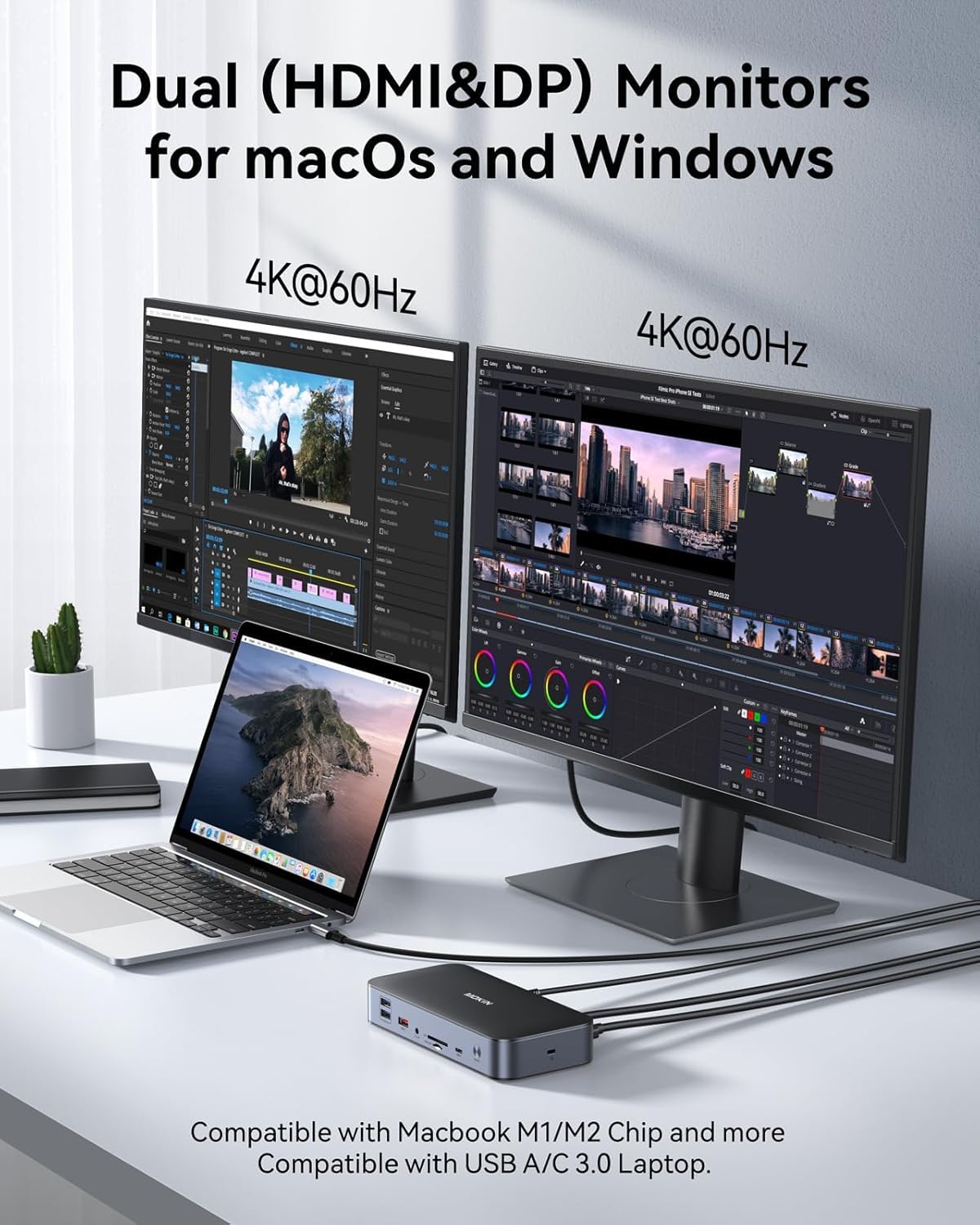 Station D'accueil DisplayLink Dual Monitor 15-en-1 - Double écran 4K HDMI/DP, Charge 120W, Ethernet 2.5G - Pour MacBook M1/M2, Windows - 9