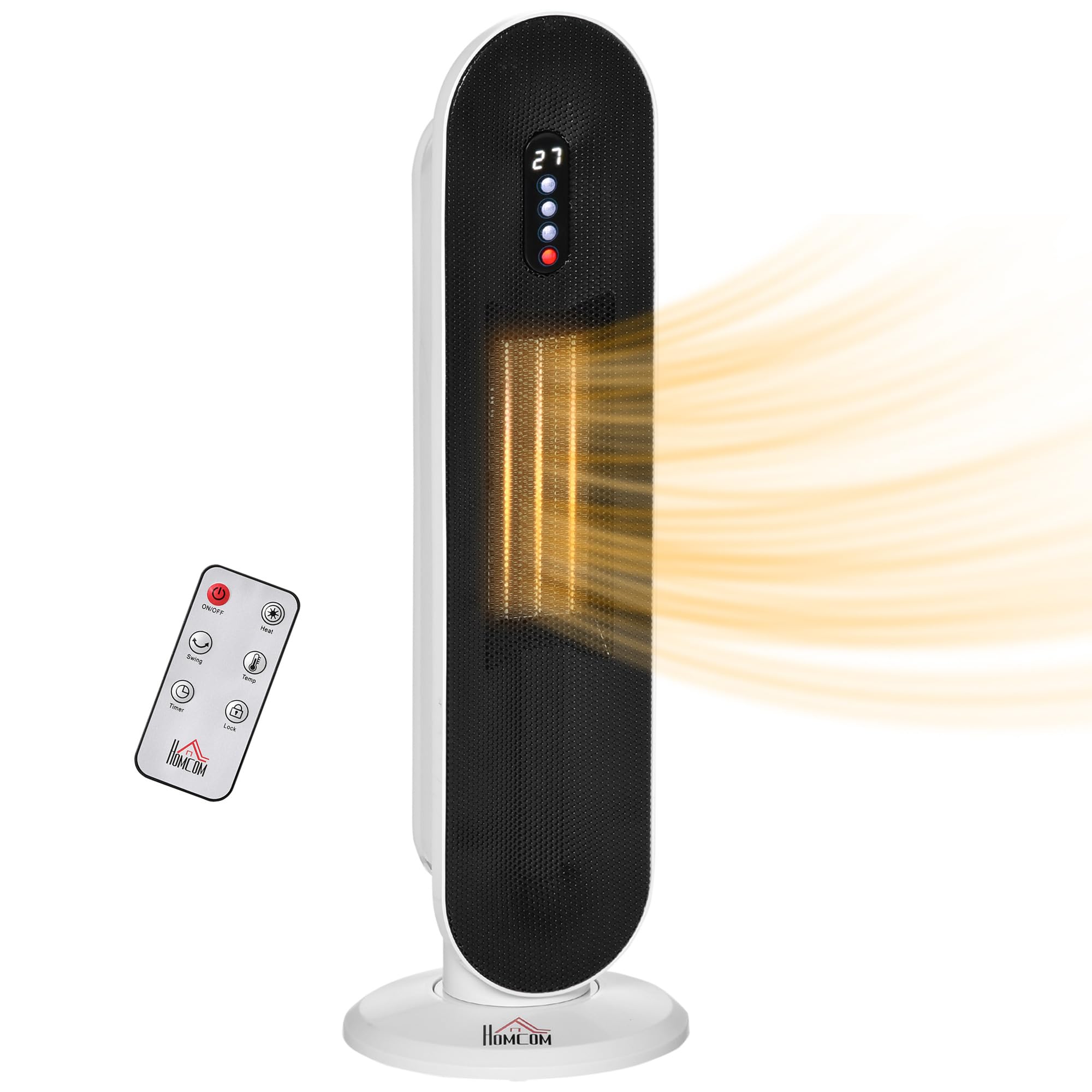 HOMCOM Stufa Elettrica Oscillante con Timer 21x21x63.5 cm Bianco e Nero | Con Telecomando, 2 Modalità, Stufetta Elettrica Basso Consumo in PTC, Protezione da Surriscaldamento e Antiribaltamento