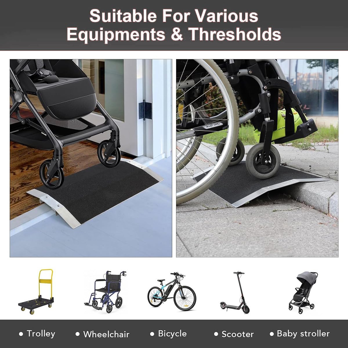 Rampa para silla de ruedas, capacidad de 660 libras, superficie de seguridad antideslizante para puertas, escaleras, escalones y calzadas, 8 cm de alto, diseño duradero