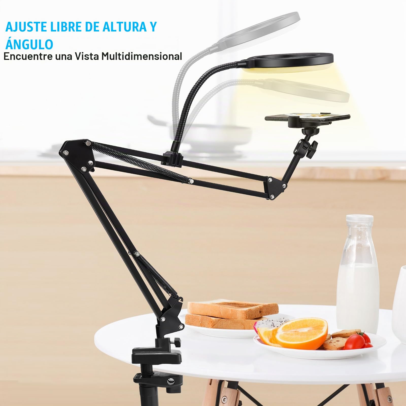 Soporte En Voladizo para TeléFono MóVil con Ring Light, Brazo De SujecióN De Sobremesa Flexible para Luz De Relleno, CáMara, MicróFono (26cm)