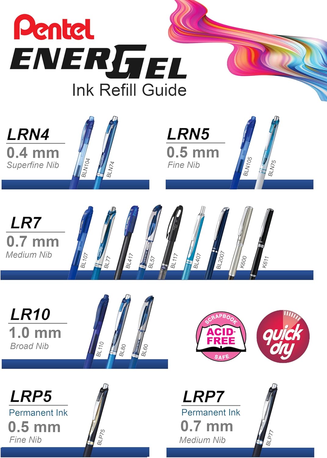 Refill Ink for Enerl RTX Retractable l Pen,0.7mm, Medium Point,