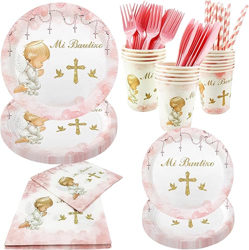 112 platos de bautismo, servilletas, tazas de decoración para niña, Mi Bautizo, baby shower, primera comunión, vajilla desechable para fiesta,