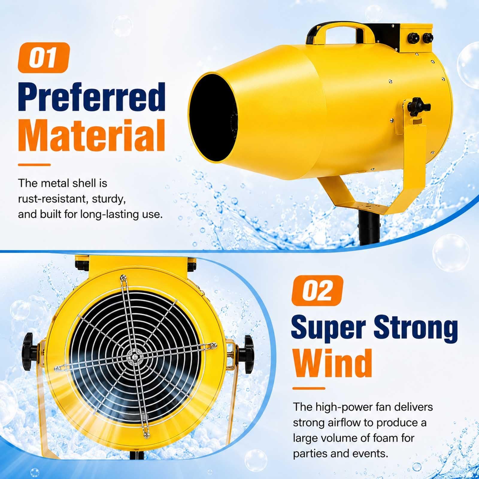 Macchina per Schiuma 1000 W, Cannone Schiuma per Feste con Treppiede Regolabile, Generatore di Schiuma Portatile per Party in Giardino, Piscina ed Eventi all’Aperto Yellow