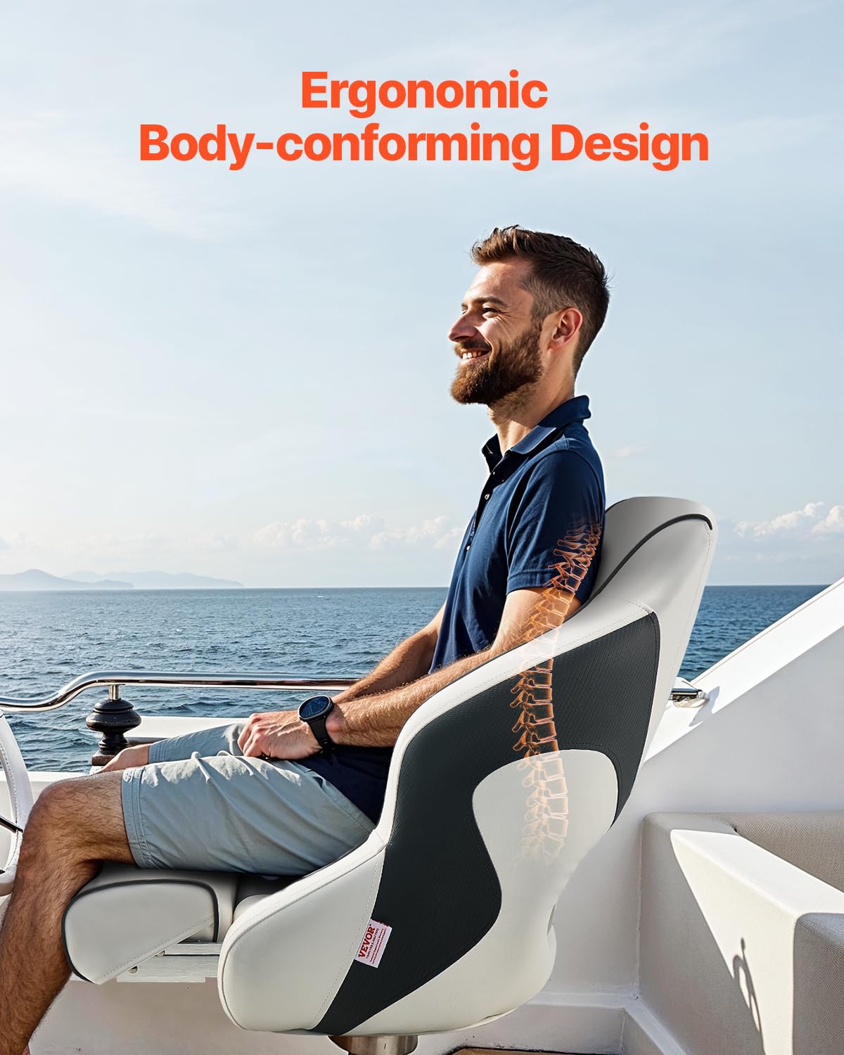 VEVOR Asiento de Barco con Respaldo Alto y Abatible Tipo Butaca de capitán con Cojín de Esponja Gruesa y Cuero de PVC Impermeable Diseño Ergonómico Asiento Plegable para Barcos, Yates, Blanco y Gris
