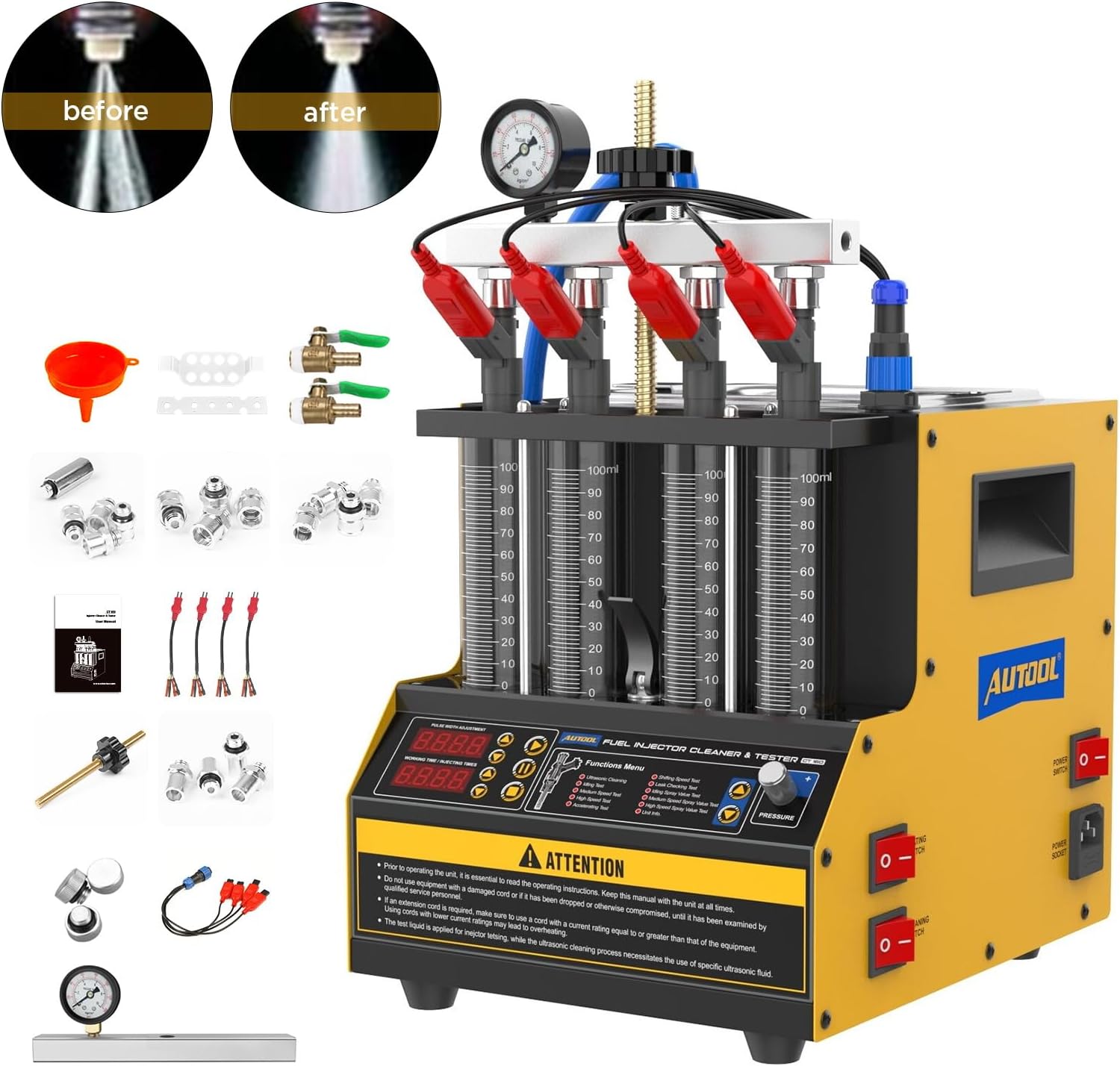 QPKING CT160 Fuel Injector Cleaner & Tester, Ultrasonic Injector Cleaning Machine 4-Cylinder, Fuel Injector Testing Machine with Heating & 11 Test Modes, for Cars & Motorcycles, 110V 220V Dual Voltage