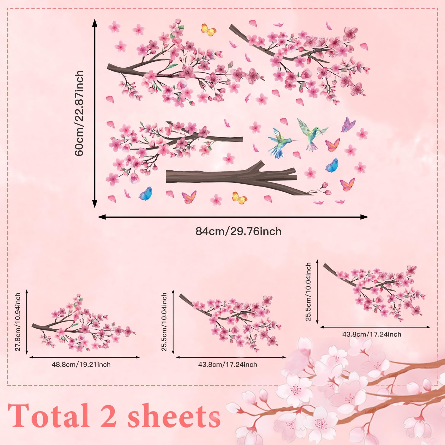 HPNIUB Pink Flower Tree Wall Sticker Cheery Blossom Branch Wall Stickers Murals for Wall Bedroom Living Room Home Office Wall Decor Pink Bedroom Accessories - Image 4