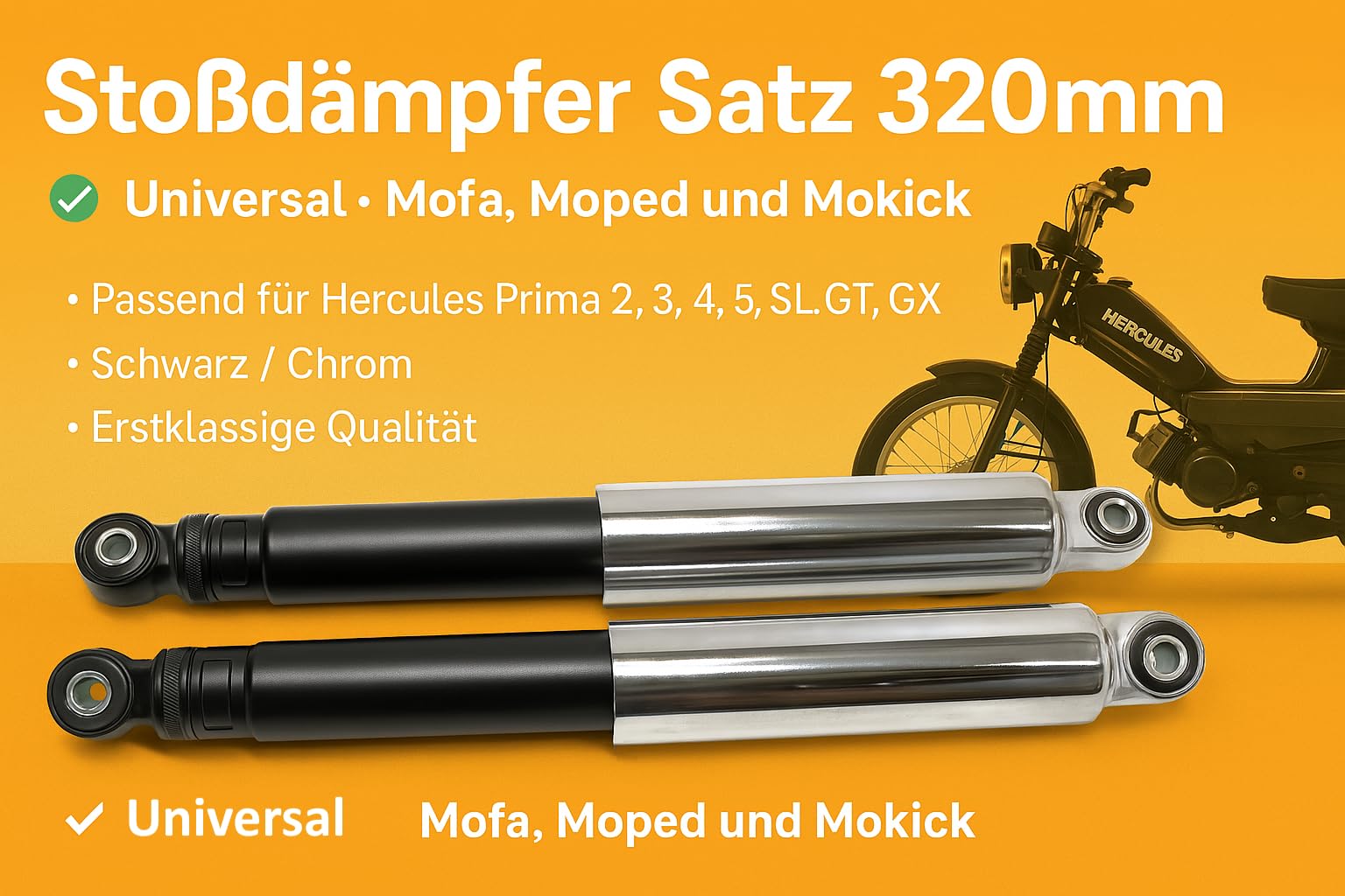 320mm Stoßdämpfer Set in Schwarz und Chrom passend für Hercules, Simson, Mofa, Moped, Mokick – Universelles Federbein Set, erstklassige Qualität