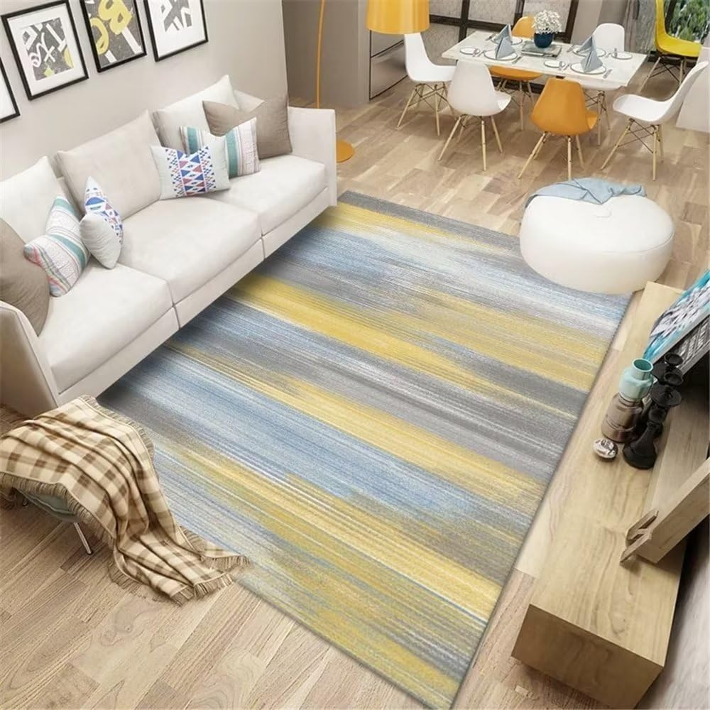 Tapis jaune chambre enfant garçon fille lavable rayures 160x200 cm