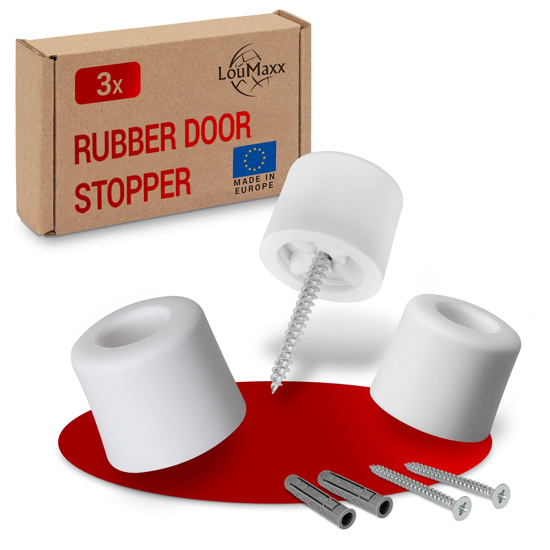 Loumaxx White Set Of 3 Rubber Door Stoppers For Floor Mounting - 3 Pack With Screws And Dowels - The Perfect Protection Against Slamming Doors