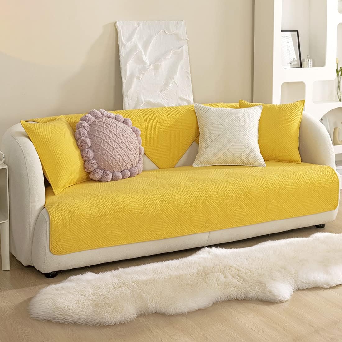 vctops Weave Stripe Sofa Cover Solid Color Cotton Quilted Sectional Couch Covers Geometric Pattern Non Slip Sofa Slipcover Super Soft Furniture Protector for Dogs, Children, Pets (Yellow,28"x70")