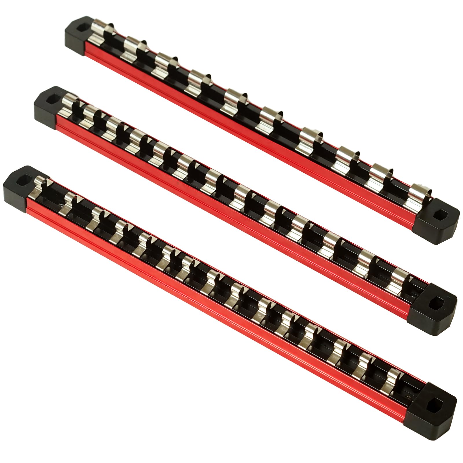 YSJOYTOOL 3-Piece Heavy-Duty Magnetic Socket Organizer Set, Aluminum Socket Rails with 39 Stainless Steel Clips for 1/2