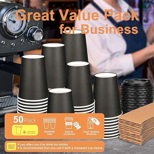 Miniatura 5 de kwkwoice Taza desechable de 12 onzas con tapa, taza de papel para llevar, taza de café, taza de bebida caliente, material de grado alimenticio, taza