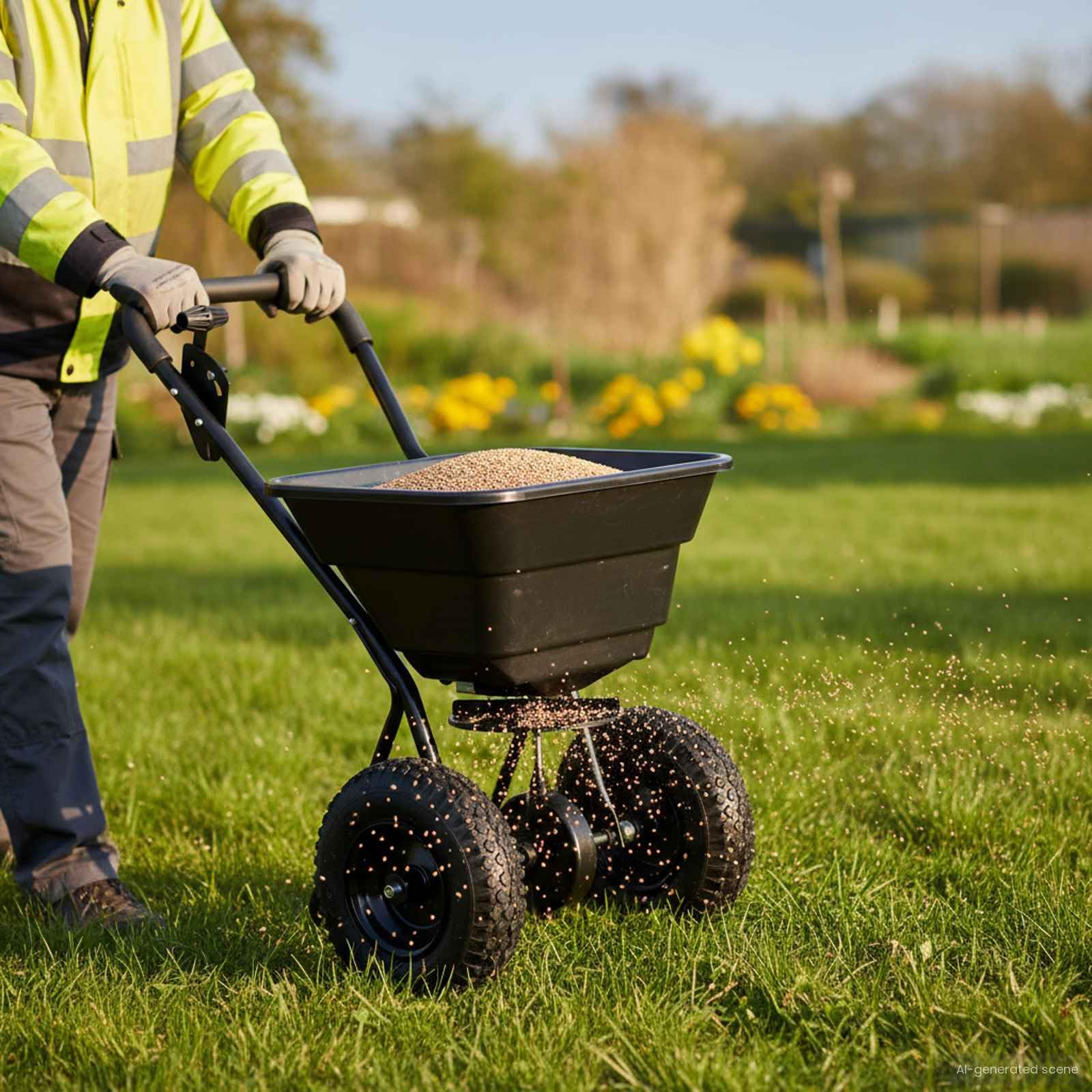 Streuwagen für Rasen, Dünger- und Saatgutstreuer, robuster Gartenhelfer aus Stahl und PVC, 53 x 81,5 x 78 cm, für Rasenpflege