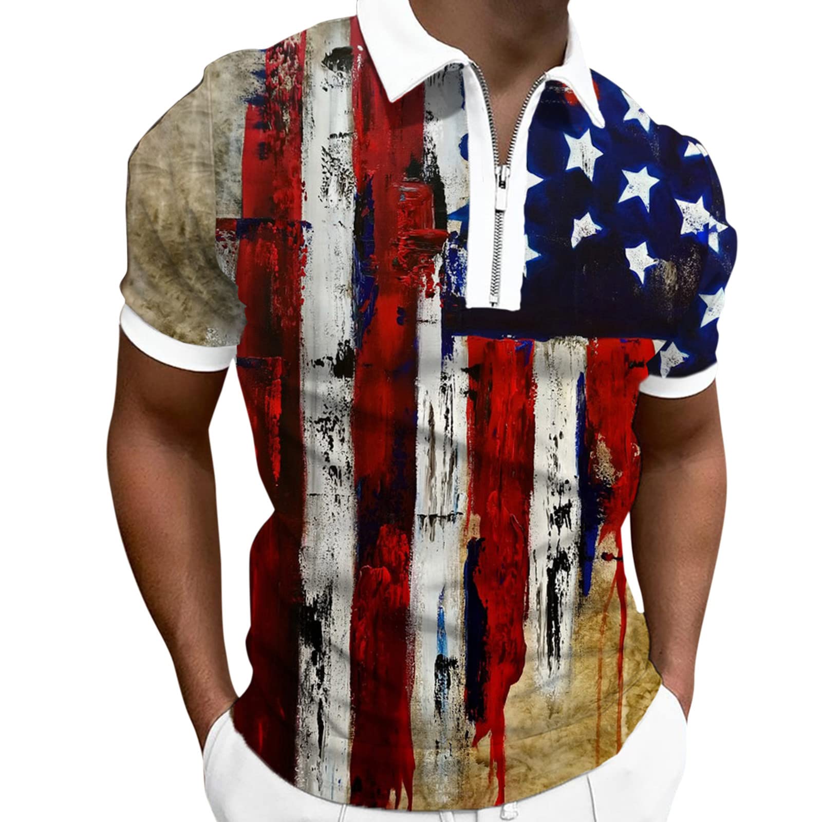 MONISEPolo Shirts for Men Distressed Retro USA Flag Print Golf Polo Shirt 4/1 Zip Collar Slim Fit July 4 Patriot Pique Shirt Khaki, 3X-Large