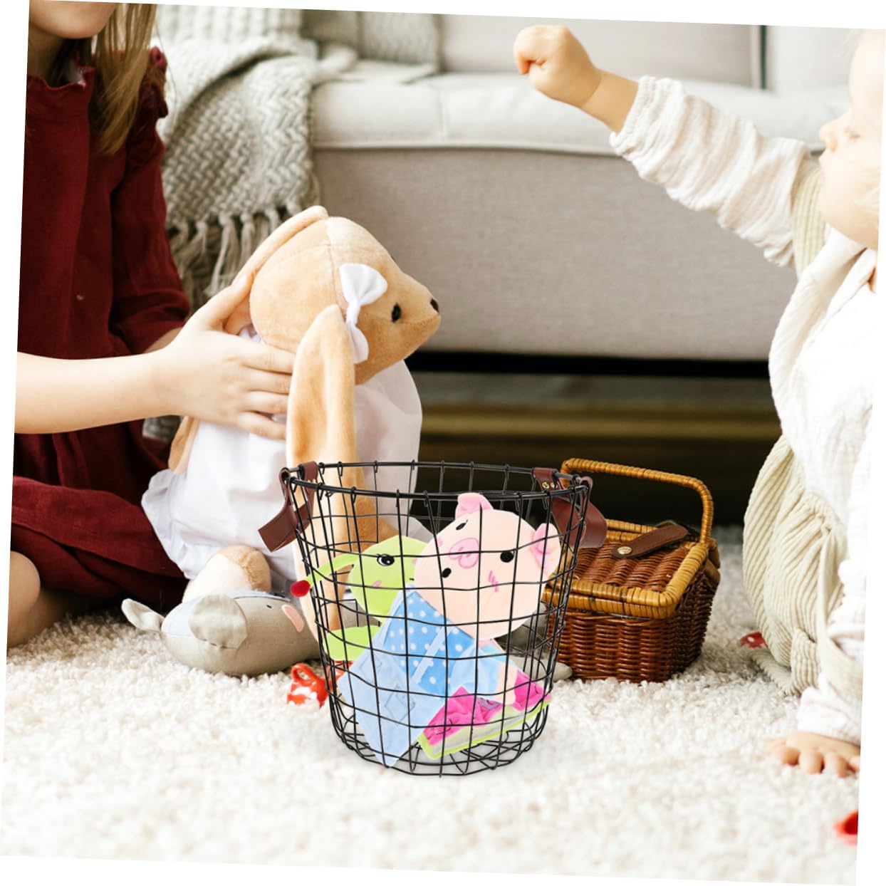 2pcs Large Round Wrought Iron Firewood Basket Decorative Storage Handle Metal Log Holder for Firewood Carrier Organizer