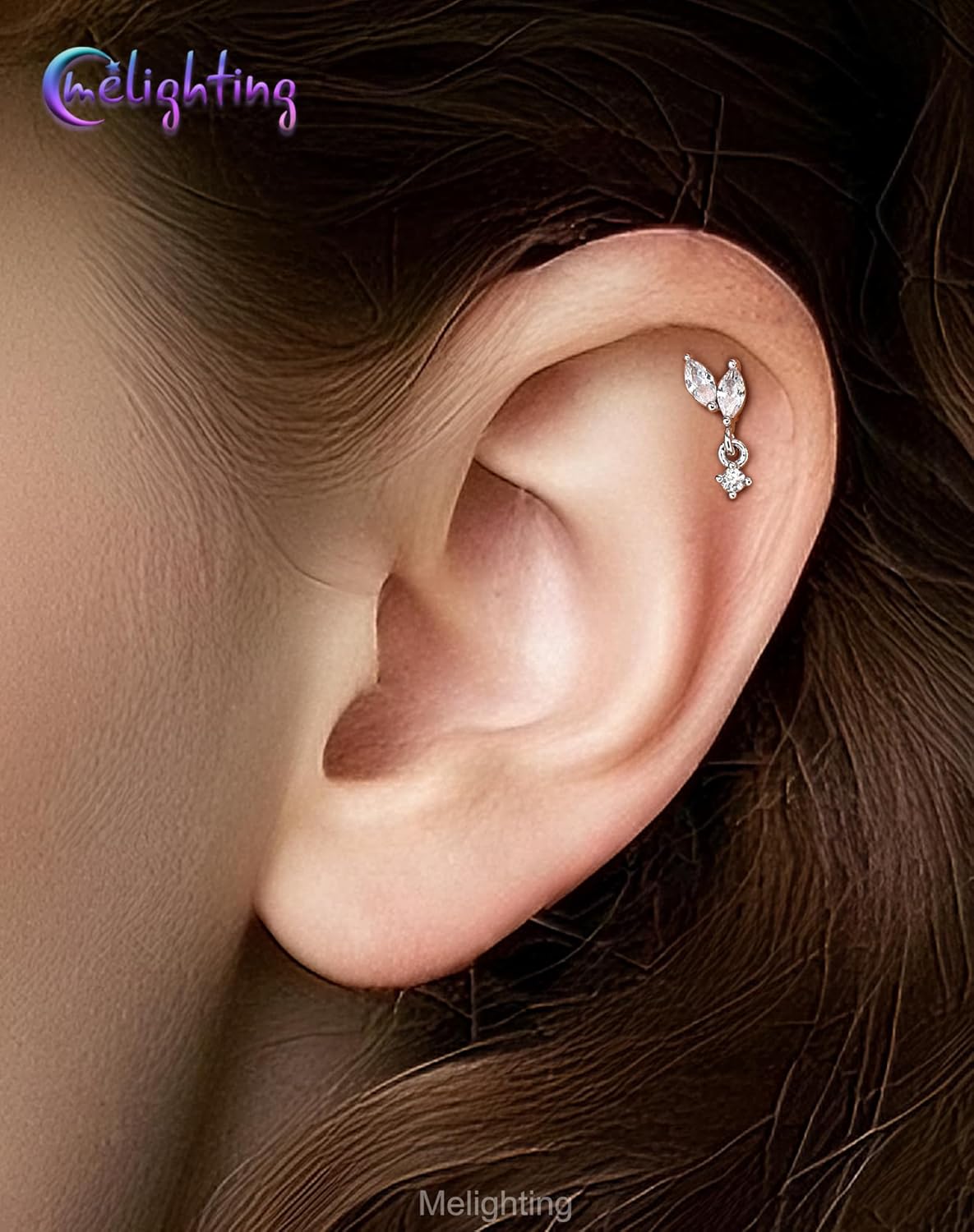Melighting 16G Vine Tragus Piercing Jewelry, Internally Threaded Dangle Helix Stud, Stainless Steel 316L Cartilage Earring Clear Marquise CZ, 6 mm Silver Lobe Labret Flat Back Ring For Women - Image 6
