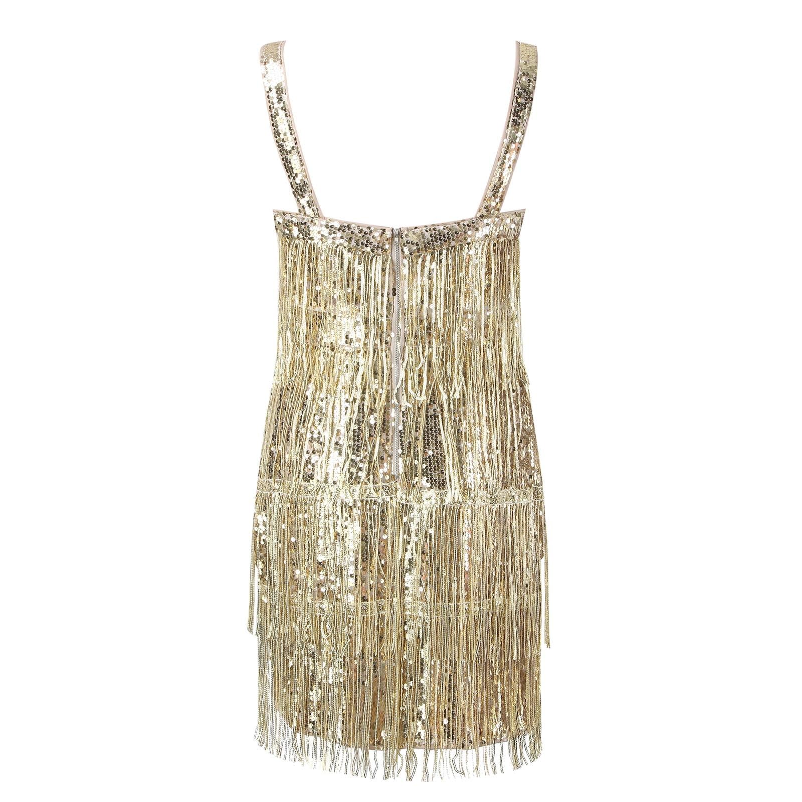 Generisch Abito sexy da donna con paillettes e paillettes, schiena scoperta, con maniche e guanti, abito da ballo con frange, per salsa, latino, costume da ballo con nappe