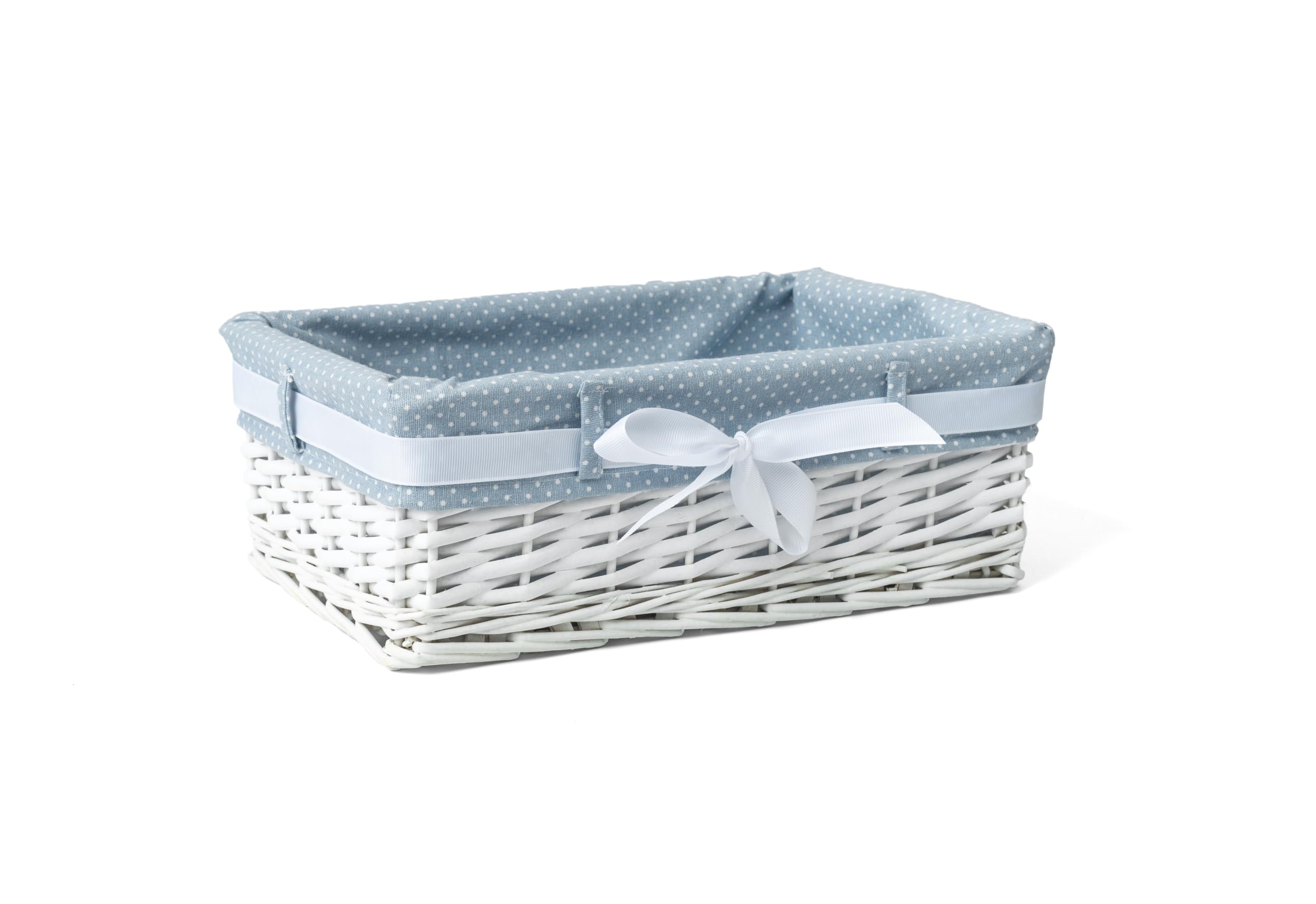 Woodluv Rectangular White Willow Wicker Hamper Storage Basket-With Blue Fabric & Ribbon (Gift Hamper Basket) -Medium