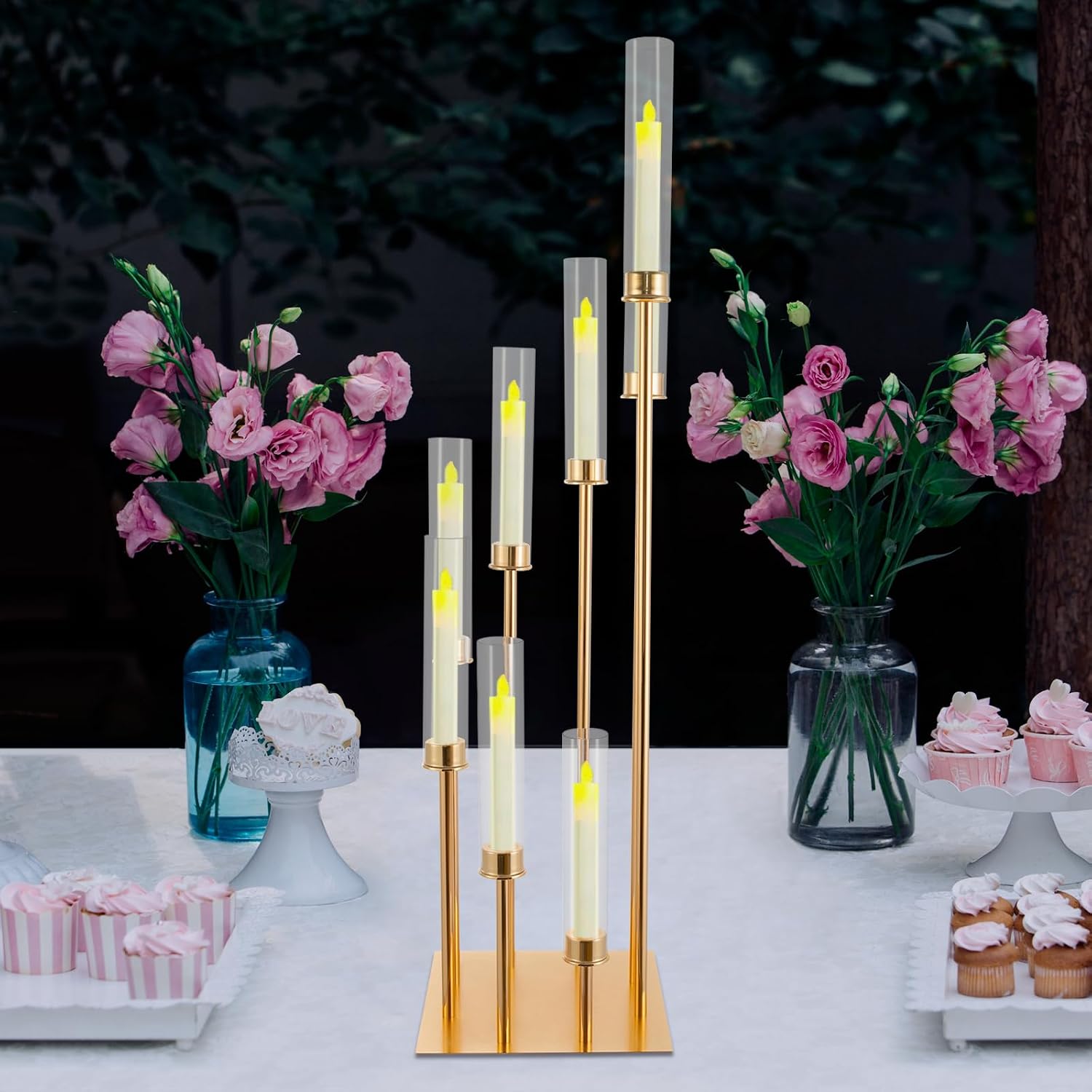 8 Arm Candle Holder, Gold Floor Pillar Candle Holders, Metal Acrylic Candlestick Holder, with Windshields, for Wedding Decoratio, Wedding Centerpieces, Table, Baby Shower, Party Decoration