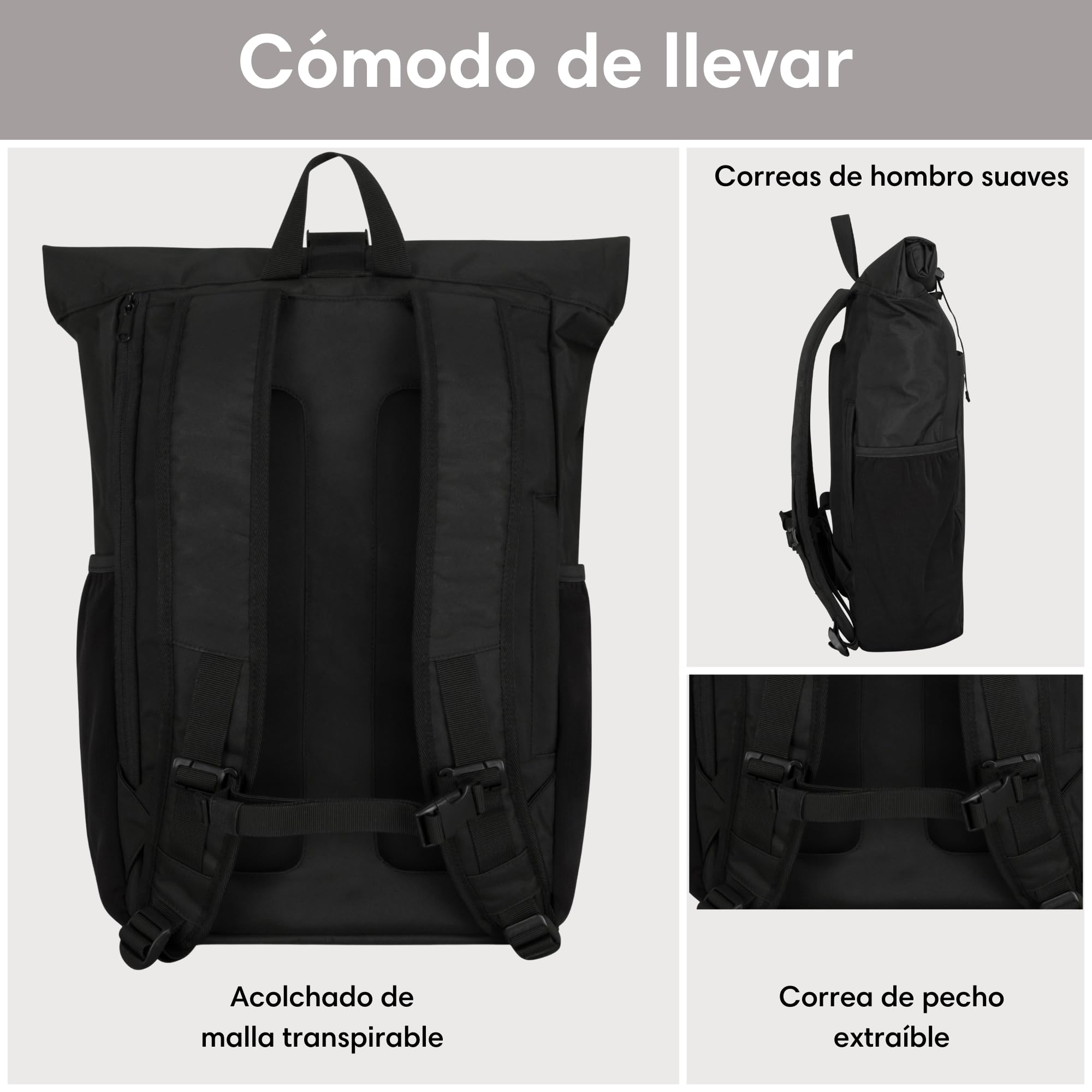 LARKSON Mochila Enrollable Hombre & Mujer Negro - No 2 - Macuto para Viaje, Uni, Trabajo - de Botellas Pet Recicladas - Bolso para Portátil 16 Pulgadas - Impermeable
