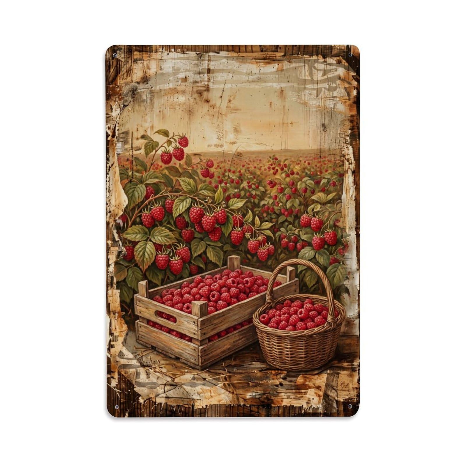 Raspberry Field Harvest Red Berry Countryside Picking Vintage Metal Tin Sign Plaque Wall Decor for Cafe, Club, Garden Metal Poster 8x12Inch