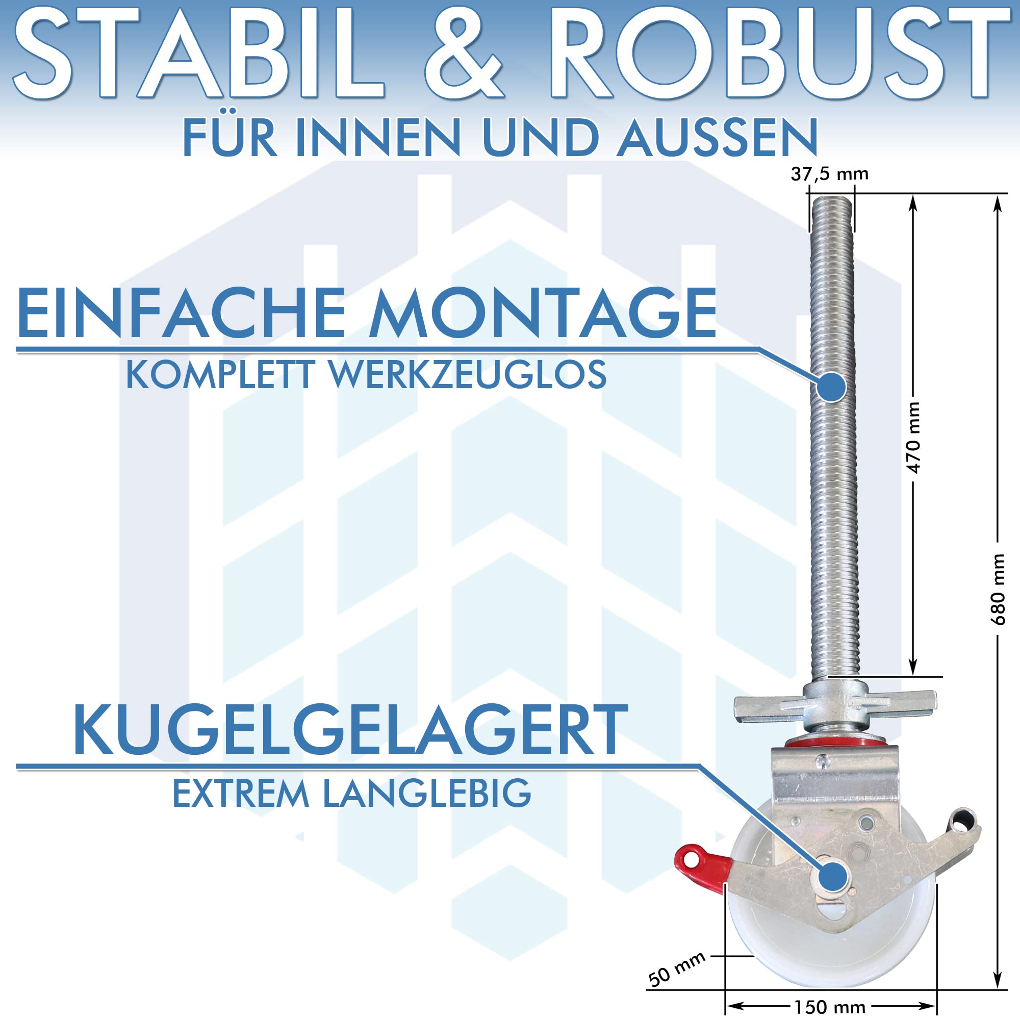 4 Stück Gerüstrollen 150 mm Nylon LAYHER*-kompatibel mit Stahlspindel, doppelt gebremst, lotrecht stehend, passend zu LAYHER*-Gerüsten und anderen Herstellern