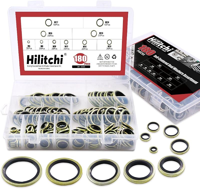 Kit de Arruelas de Vedação Dowty Métricas Hilitchi em Aço Zincado e Borracha M6 a M24 com 180 Peças