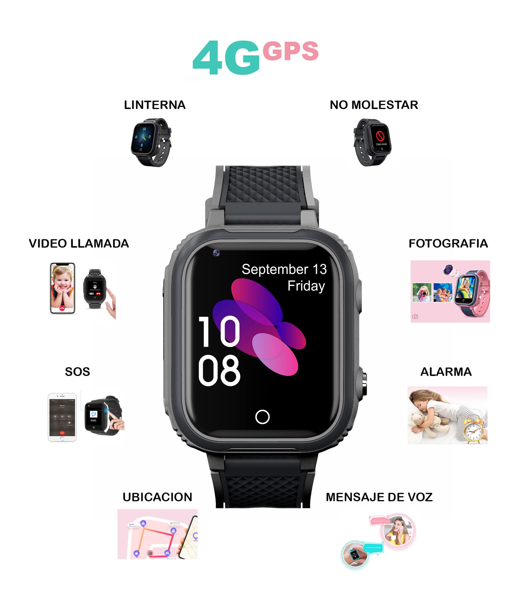 Smartwatch per bambini GPS nero con scheda SIM (obbligatoria) – Orologio intelligente per bambino/ragazza con chiamate, localizzatore GPS, pulsante SOS, controllo parentale e touch screen