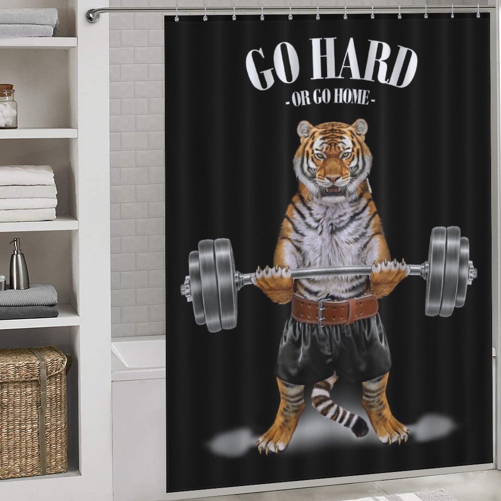 Rideau de douche tigre Toile de Jouy chic 163x180cm pour décoration de salle de bain