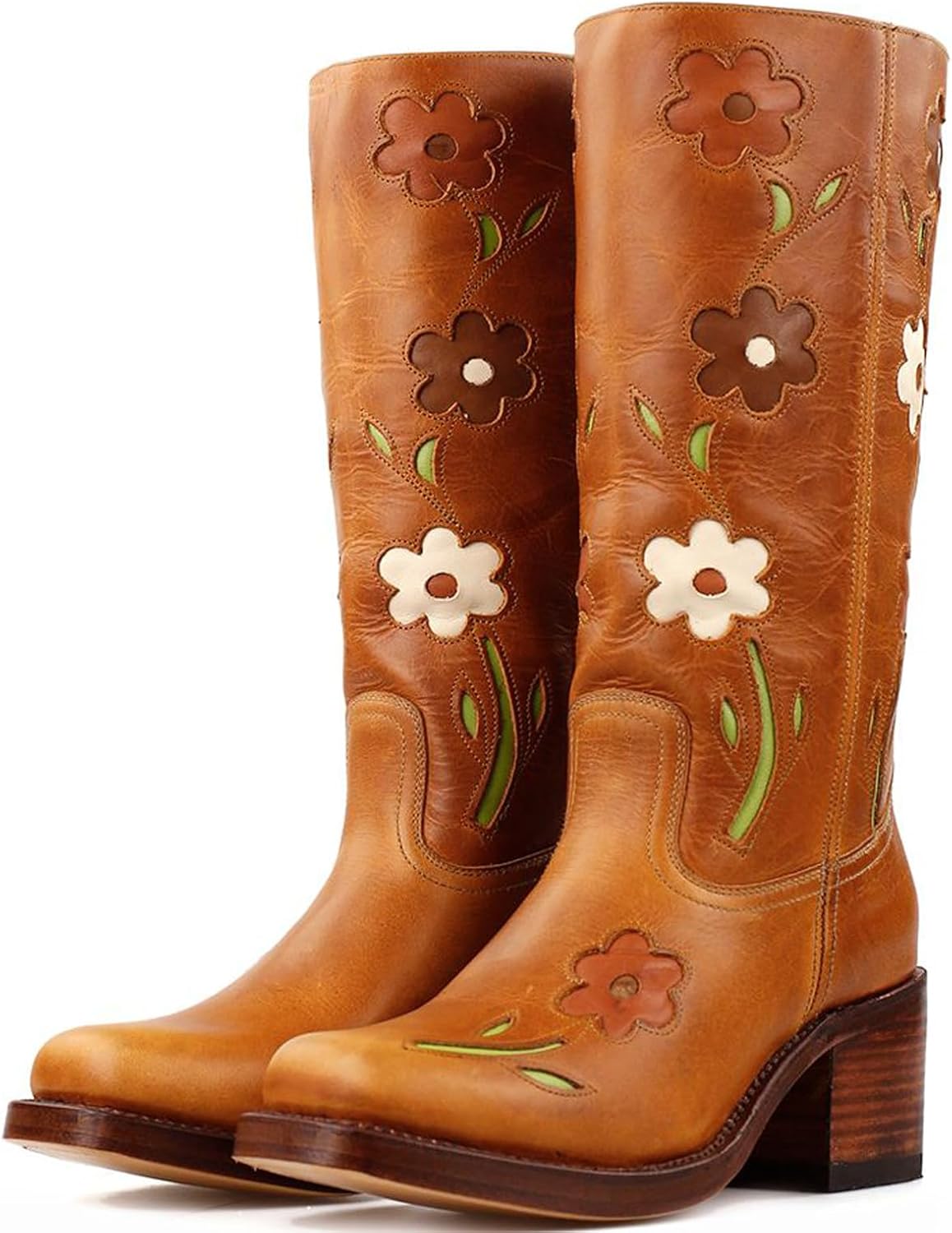 Women's Knee High Boots Square Toe Chunky Block Heel Tall Boots for Women Comfortable Casual Low Heel Trendy Stylish Flower Booties