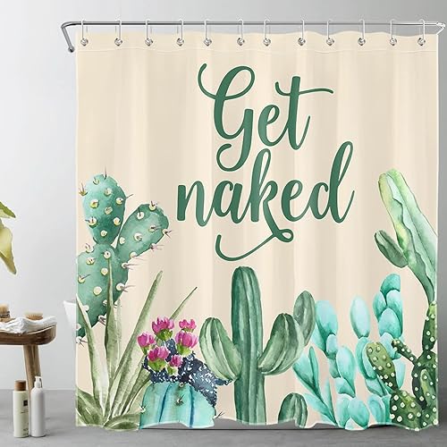 Vista 43 de LB Get Naked - Juego de cortinas de ducha de cactus con citas divertidas, plantas tropicales suculentas, verdes, acuarela, flores de cactus
