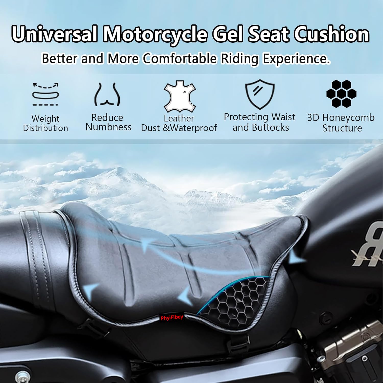 PhyiFlbey Leather Motorcycle Gel Seat Cushion, Lnew Gel Honeycomb Shock-Absorbing Breathable Seat Cushion, High Elasticity Heat Insulation Anti-Slip Waterproof Motorcycle Seat Cushion