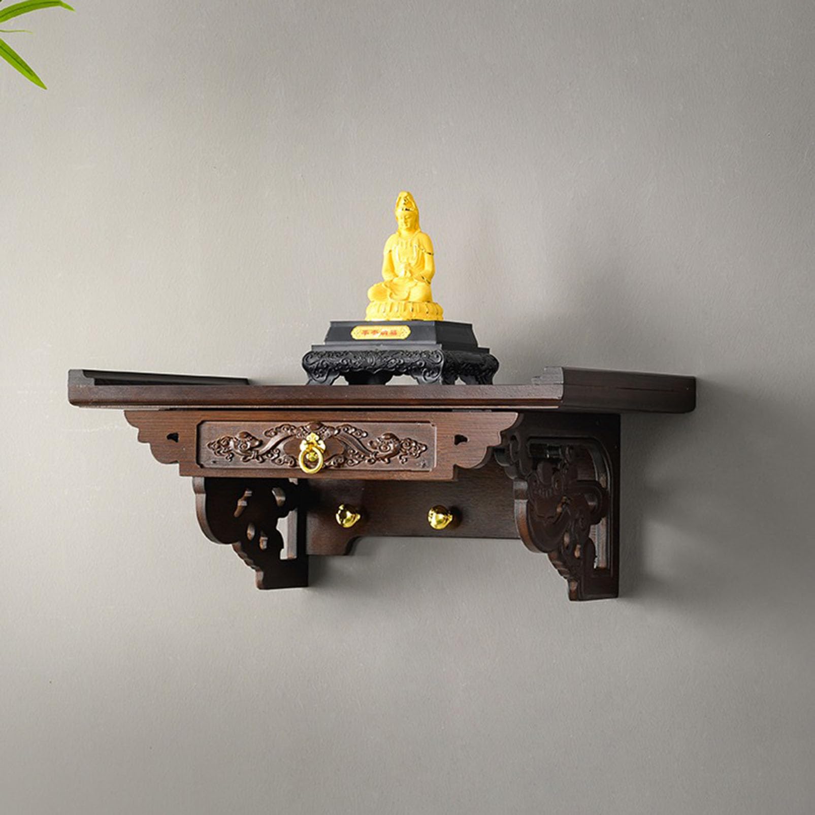 Holz Buddha Regal Statue Stand, wandmontierte Hangetisch Pooja Stand, Buddha Altar Regal Holzmöbel, chinesische Fengshui -Statue -Display -Regal