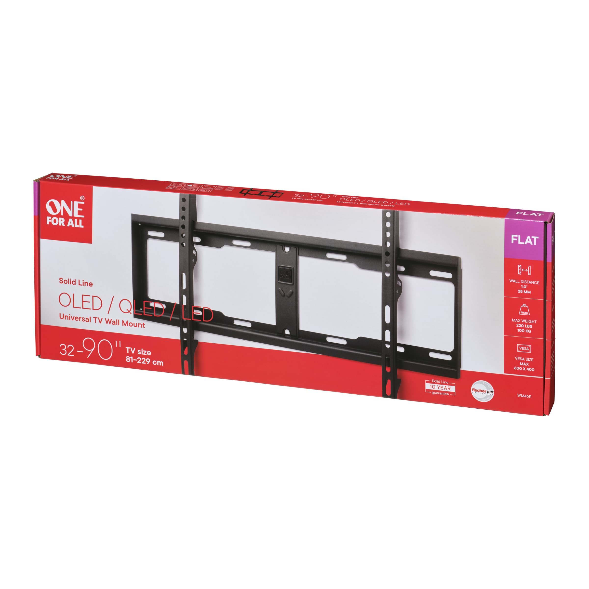 One For All Support Plat Solid de - Fixation Murale - Écrans de 81-229cm - Tous Types de téléviseurs - Noir - WM4611