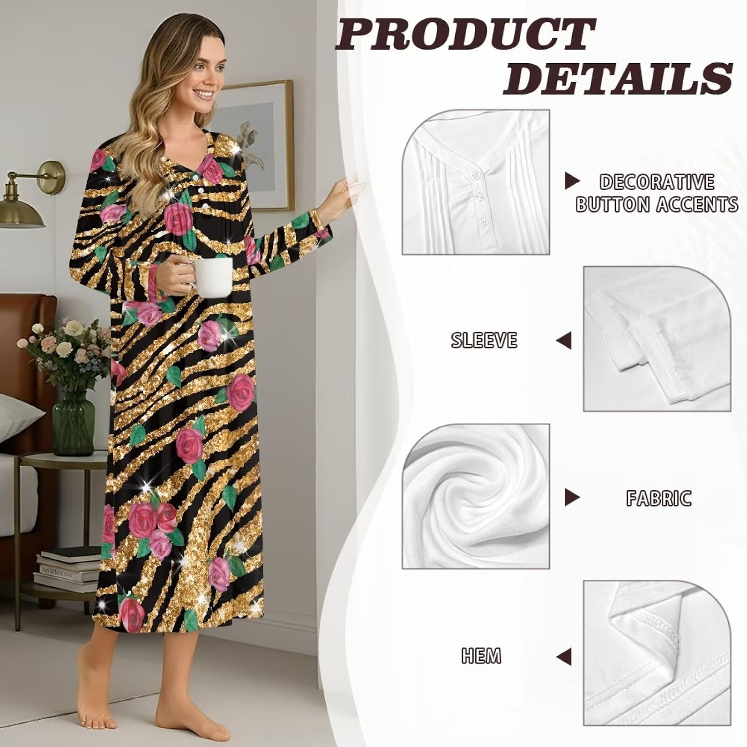 YEXIATODO Women Long Sleeve Nightgown Home Nightwear Button Down Nightdress V Neck Sleepwear