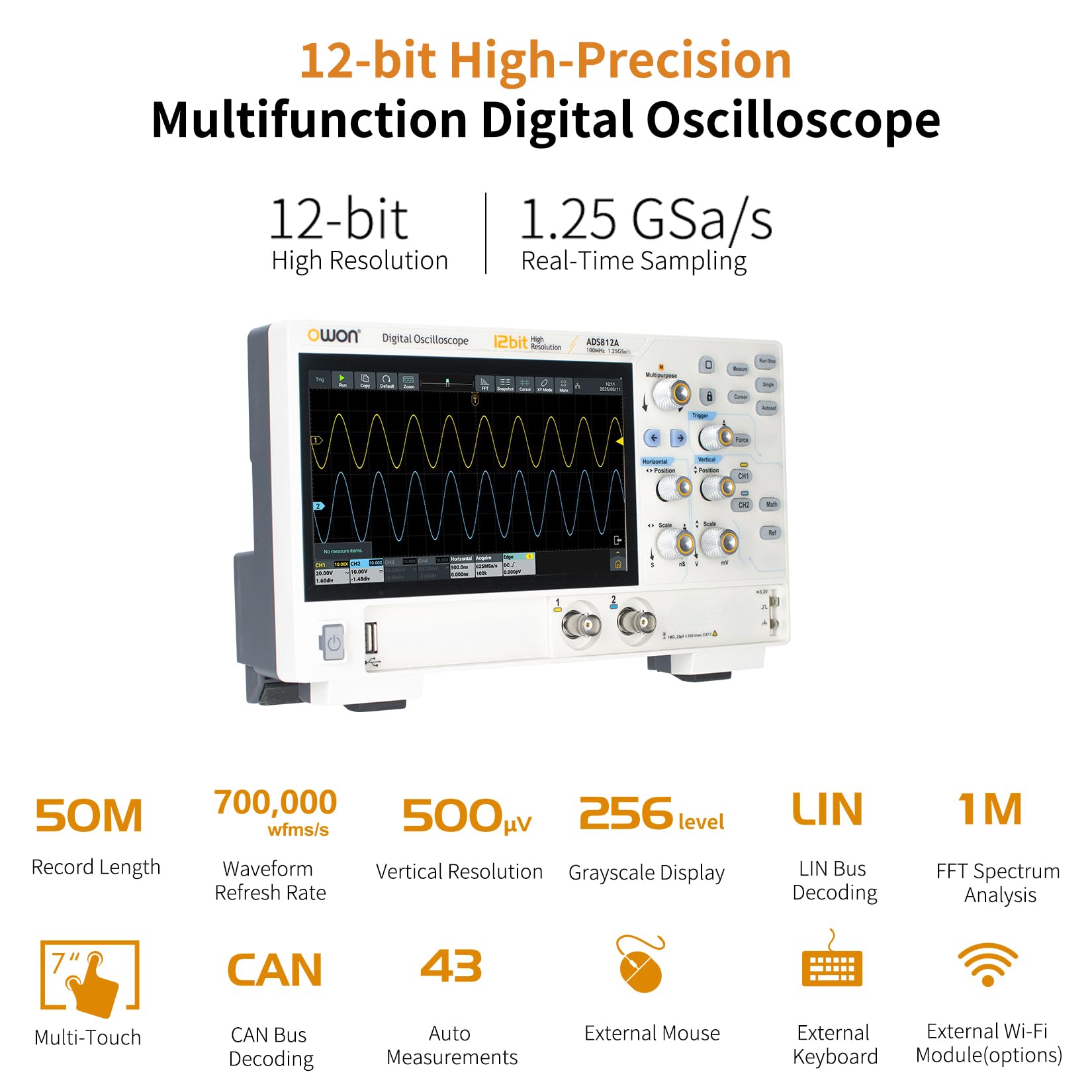 OWON Osciloscopio digital ADS812A, ancho de banda de 2 canales, 100 MHz, frecuencia de muestreo de 1,25 GS/s, osciloscopio de escritorio de almacenamiento de alta precisión de 12 bits