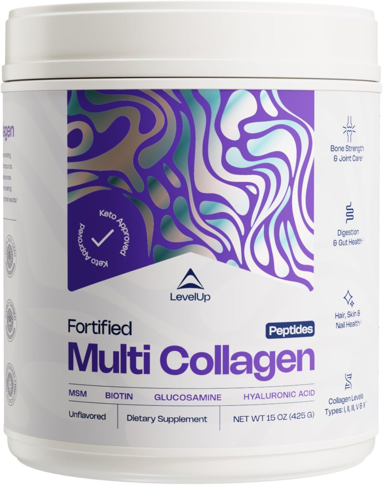 Fortified Multi Collagen Protein Powder: Types I, II, III, V & X with Added Biotin, Hyaluronic Acid, Glucosamine, MSM for Joints Hair Skin Nails Gut - Keto Approved (Unflavored Powder - 50 Servings)