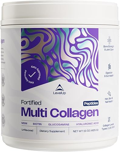 LevelUp Multi colágeno fortificado con biotina, MSM, ácido hialurónico, glucosamina, colágeno tipos I, II, III, V y X, para articulaciones, cabello,
