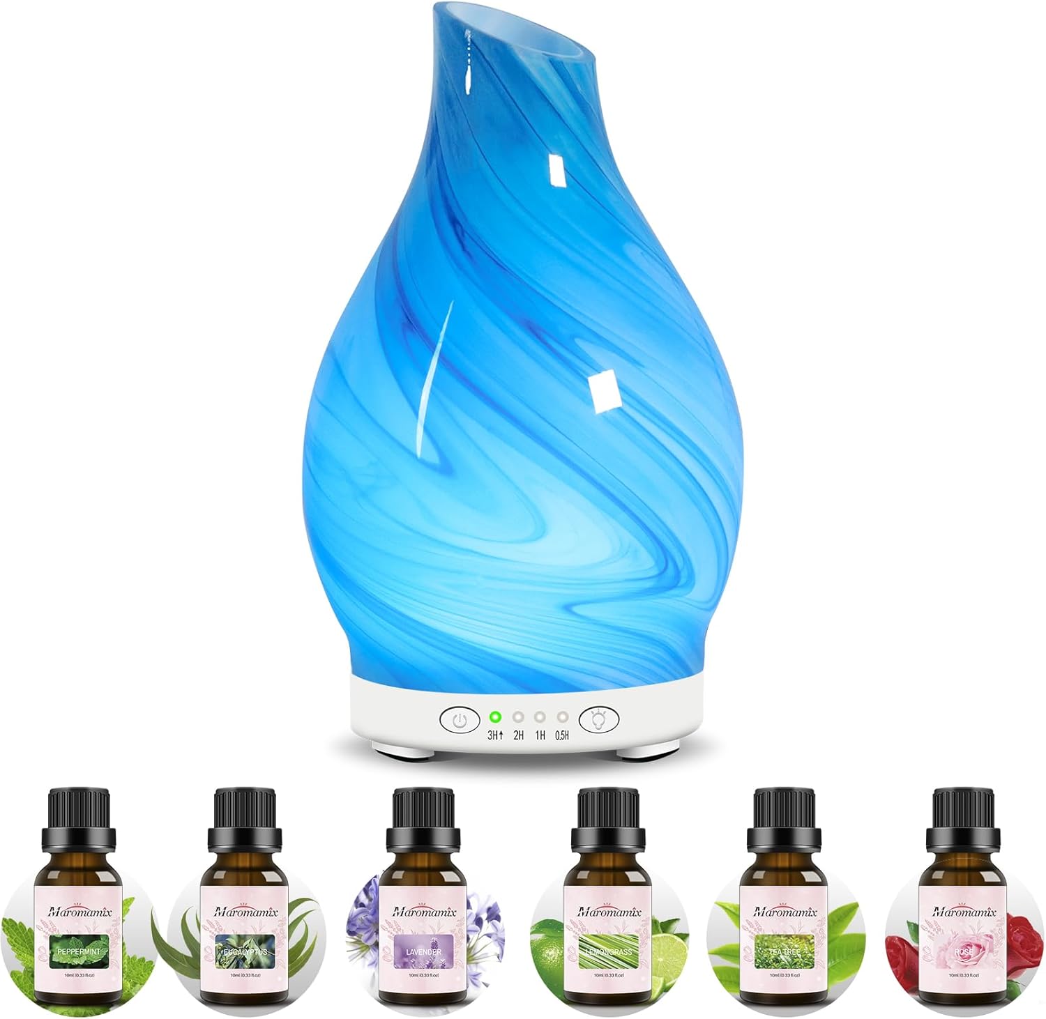 Essential Oil Diffuser & Essential Oils Set – Glass Ultrasonic Aromatherapy Diffuser with 6 Essential Oils Set, Oil Diffuser 7 Color Changing Light Quiet 4Timer Waterless Auto-Off for Home Office