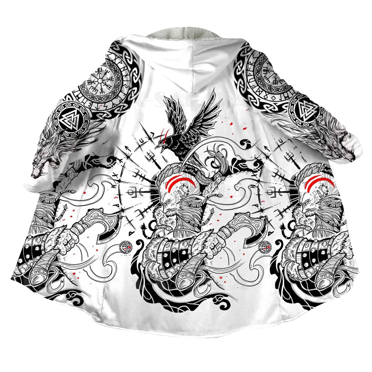 Mantello Invernale Uomo con Tatuaggio Lupo Vichingo, Cappotto Finto Cashmere Calda Giacca Cappuccio Media Lunghezza Costume Cosplay