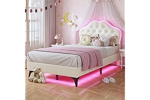 Girls Twin Bed Frame with LED Lights and Upholstered Headboard
