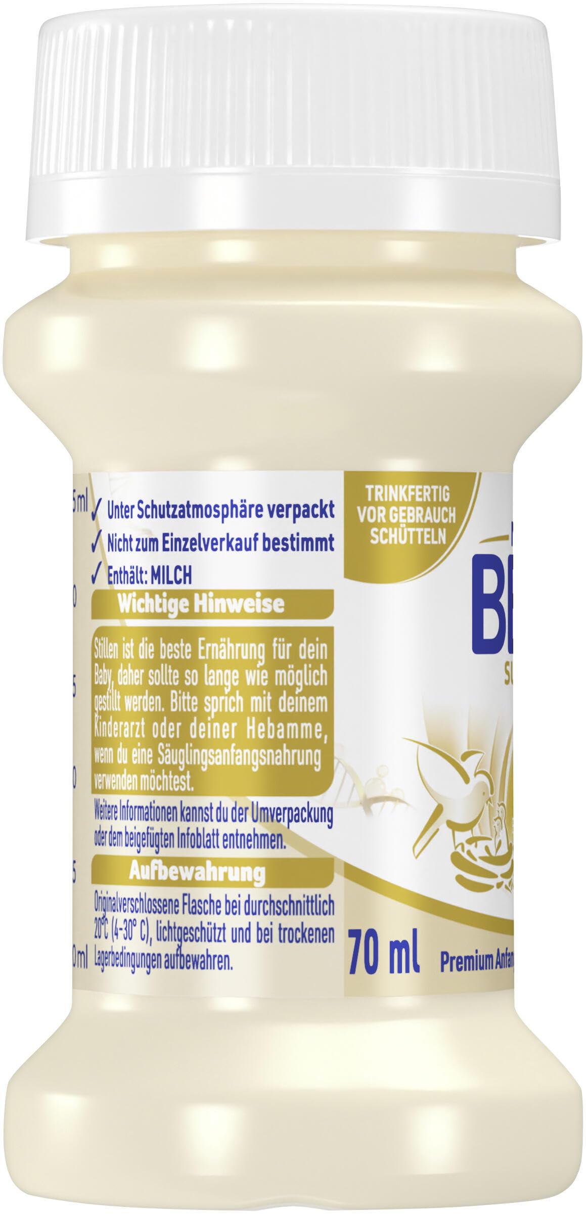 BEBA SUPREME PRE Anfangsmilch, trinkfertige Portionsflaschen, 32er Pack (32 x 70ml)