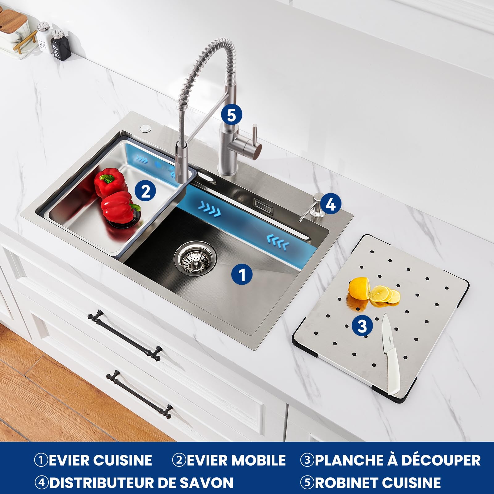 CECIPA Evier Cuisine 1 Bac 70x45 CM, Evier Inox avec Egouttoir et évier mobile et planche à découper,lavabo cuisine avec Trous pour Robinets et Distributeur de Savon, Argenté avec Robinet Ressort