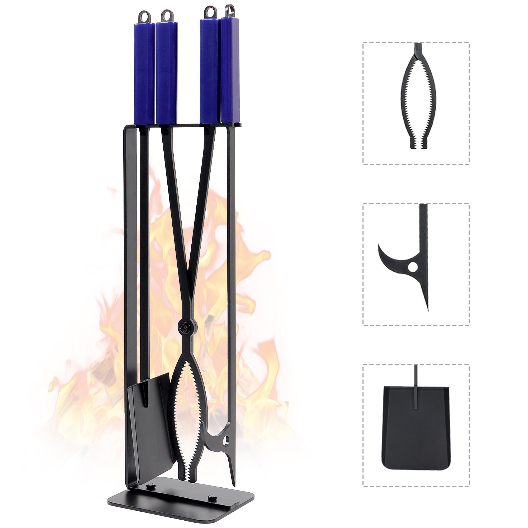 Fireplace Tools Set Indoor, 28" Fire Poker Fire Tongs and Shovel, Wrought Iron Firewood Tongs with Metal Stand and Rubber Handle Log Grabber for Fire Pit Ash Shovel for Campfire Backyard Bonfire-image-30