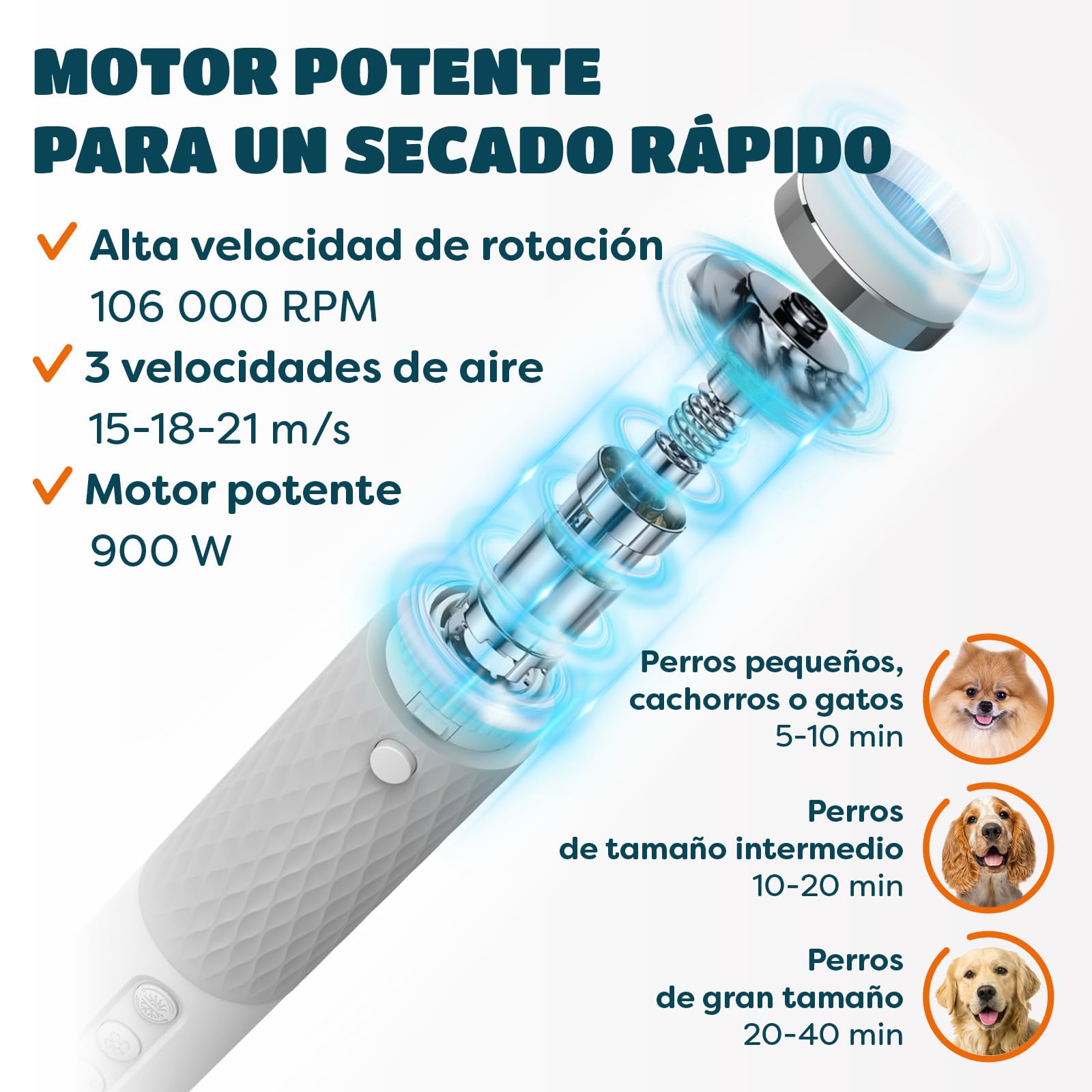 Secador de pelo para perros 5 en 1 con boquillas, cepillo resbaladizo, control NTC, iónico