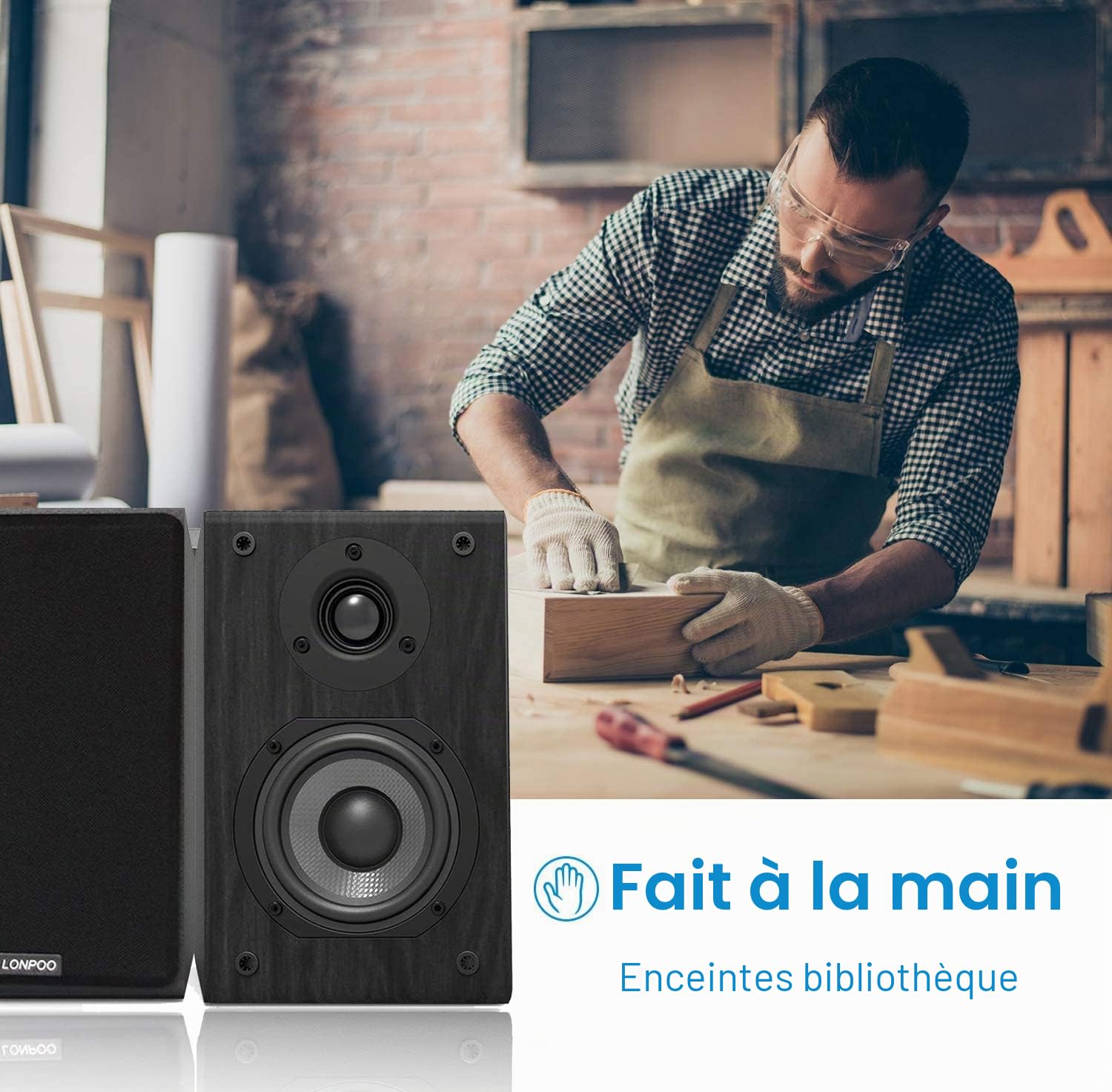LONPOO LP42 Paire Enceintes bibliotheques HiFi (75W RMS, Enceintes étagère Passive, Subwoofer en Fibre de Carbone de 4" et Tweeter en dôme Silk, 4-8ohms)