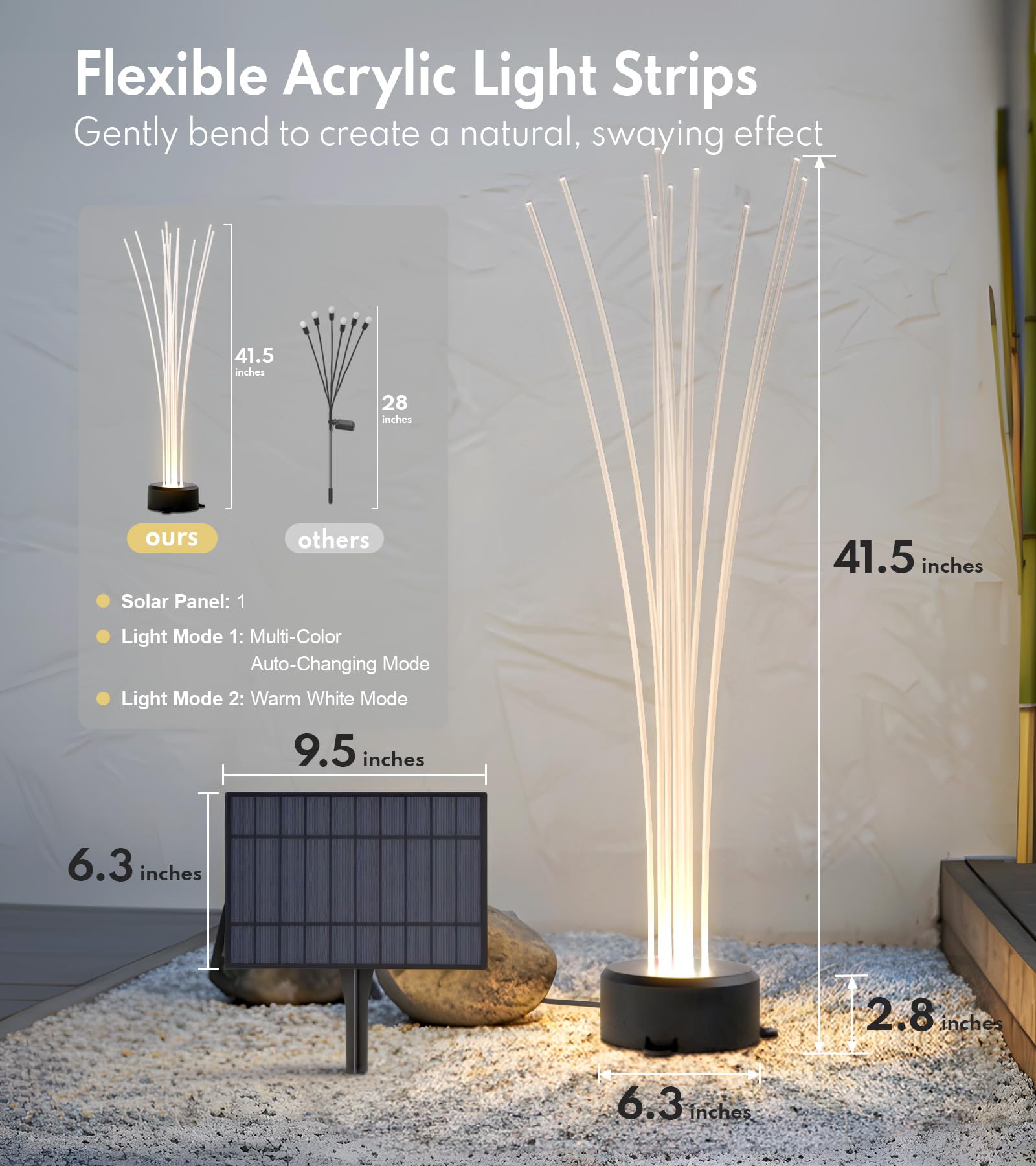 PASAMIC 104,1 cm Solar-Gartenleuchten mit 10 Farben und 4 Modi RGB, Schilfrohr-Landschaftslicht, wasserdichte Solarleuchten für den Außenbereich mit Fernbedienung, Außenleuchten für Hof, Terrasse
